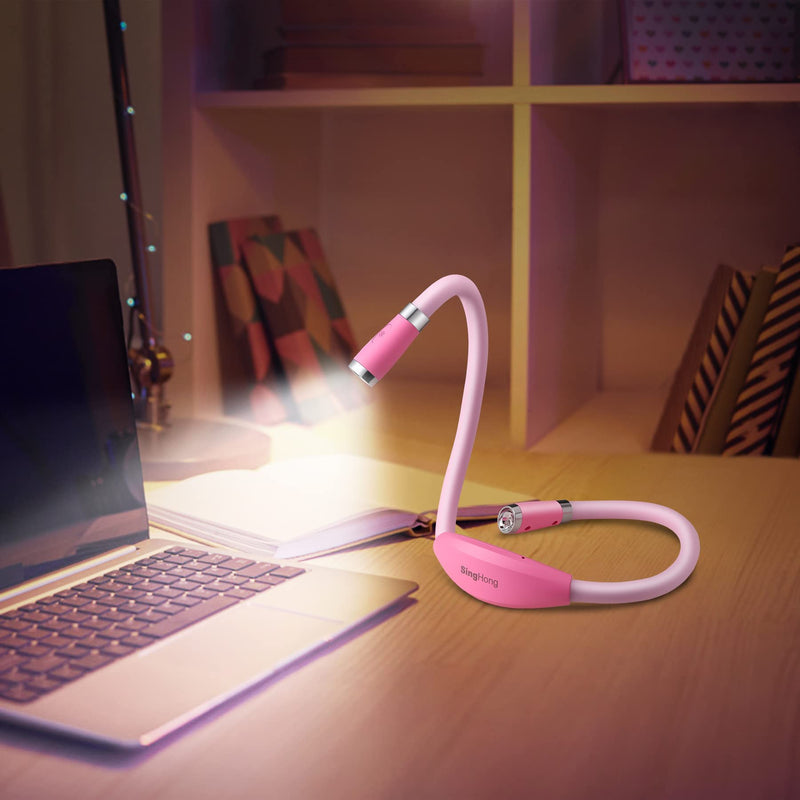 [Australia - AusPower] - SingHong Neck Book Light LED Reading Lamp USB Rechargeable, Hands Free, 4 LED Bulbs, 4 Adjustable Brightness, for Reading in Bed or Reading in Car Lamp ( Pink ) 