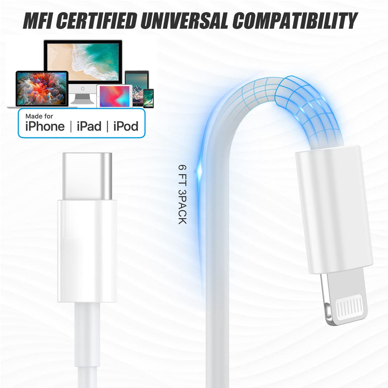 [Australia - AusPower] - 3 Pack USB C to Lightning Cable 6ft, [Apple MFi Certified] iPhone USB Type C to Lightning Fast Charging Cord for iPhone 13 12 11 Pro XR XS iPad Pro 