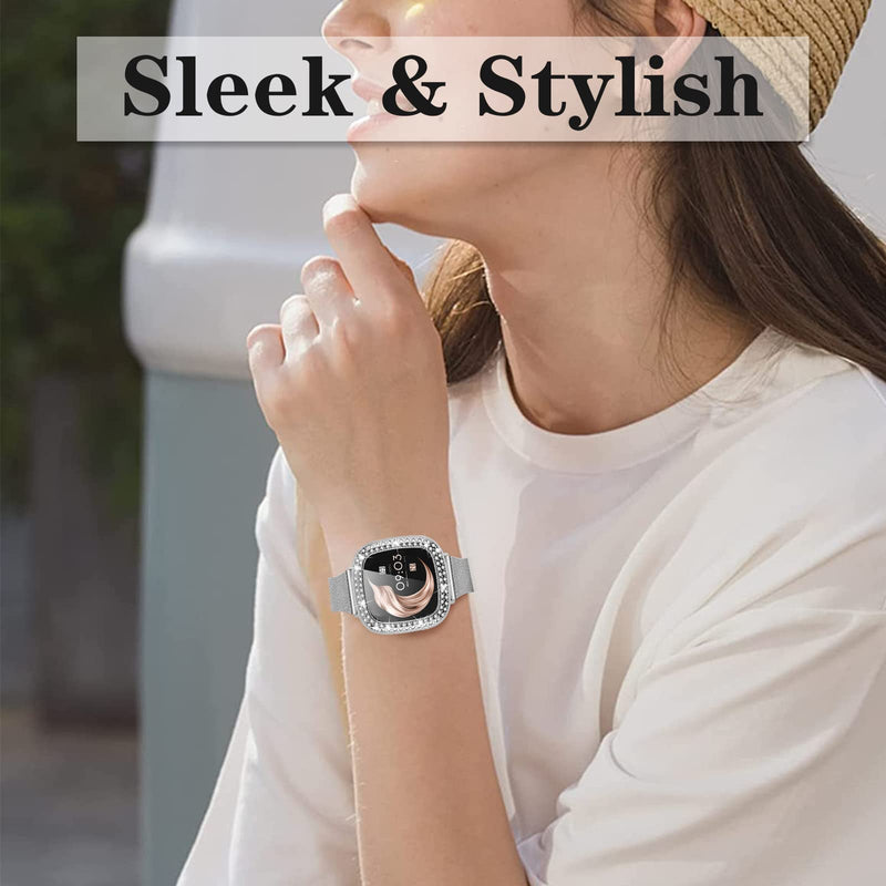 [Australia - AusPower] - Joyozy Slim Metal Bands Compatible with Fitbit Versa 3&Sense Smartwatch,Stainless Steel Sense Thin Wristbands Bracelet with Bling Protective Case for Women Girls Silver 