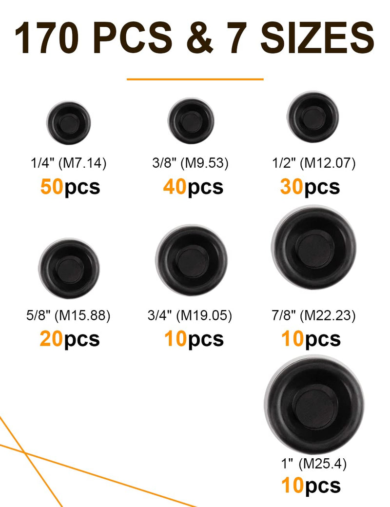 [Australia - AusPower] - 170 PCS Rubber Grommet Firewall Hole Plug Set Electrical Wire Gasket Kit, Rubber Grommets for Wiring Assortment Kit of Drill Hole 1/4" 3/8" 1/2" 5/8" 3/4" 7/8" 1" Rubber Grommet Kit Closed 