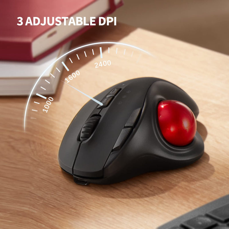 [Australia - AusPower] - 2.4G+Dual Bluetooth Wireless Trackball Mouse, KKUOD 3-Device Connection Ergonomic Mouse, Rechargeable Ergo Mouse with USB-C Port and 3 DPI, Thumb-Operated Mouse for PC Computer Laptop Tablet 