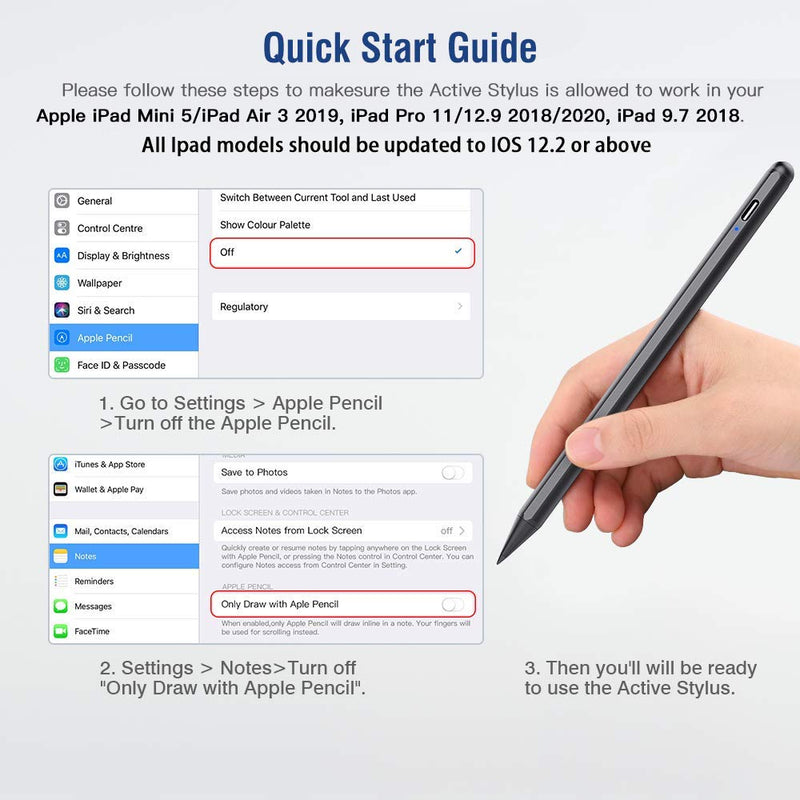 [Australia - AusPower] - MoKo Stylus Pen with Palm Rejection Active Stylus Pencil Rechargeable fit Apple 2021 iPad Mini 6th Generation, iPad 8th/9th Gen 2021 iPad Pro 11/12.9 Inch (2018-2021),iPad Air 4th, iPad 6/7th - Black 