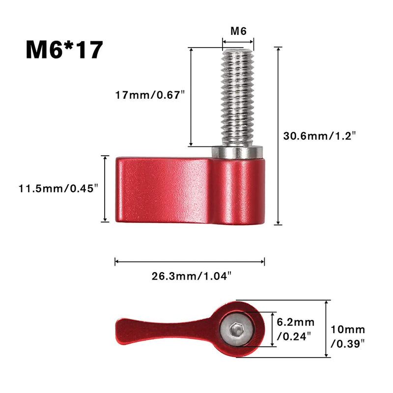 [Australia - AusPower] - AngelReally 4 Pcs Male Threading Rotating Knob,M6 17mm Adjustable Thumb Lever Screw,Rotating Knob with Single Wing,Red Aluminum Alloy M6 