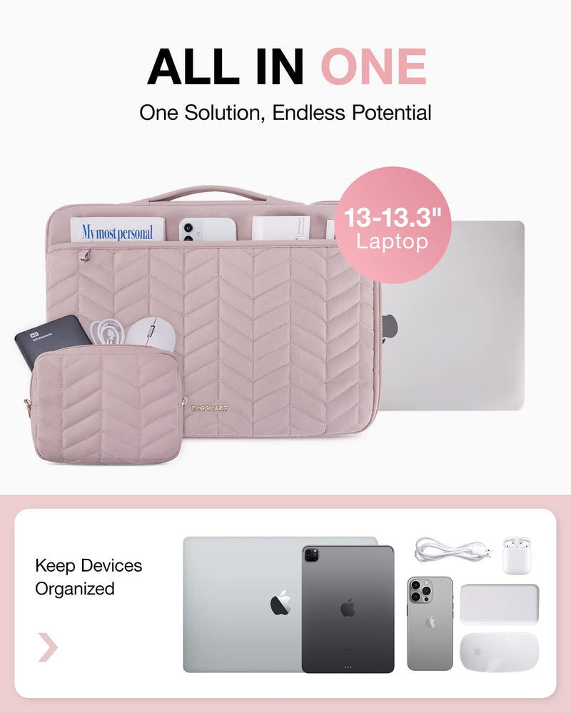 [Australia - AusPower] - BAGSMART 13-14 inch Laptop Sleeve with Handle, Puffy Padded Laptop Case with Accessories Bag, MacBook Case Sleeve Fitted with MacBook Air Pro 13.3 inch 14 inch, Computer Sleeve Fitted with Dell,HP With Accessories-Pink 