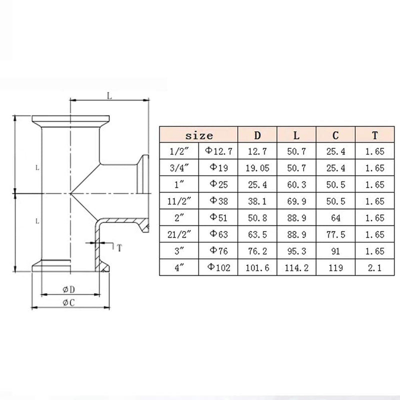 [Australia - AusPower] - Beduan 1.5" Tri Clamp Tee 3 Way Stainless Steel 304 Sanitary Fitting (38mm Pipe OD) 1.5 Inch 