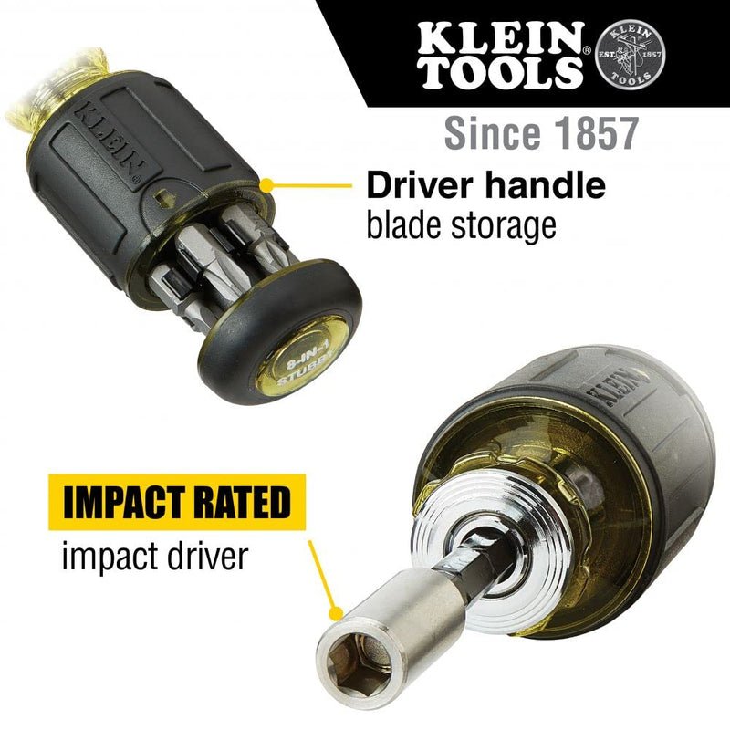 [Australia - AusPower] - Klein Tools 32308 Multi-bit Stubby Screwdriver, Impact Rated 8-in-1 Adjustable Magnetic Tool with Phillips, Slotted, Square and Nut Driver 8-in-1 Stubby 