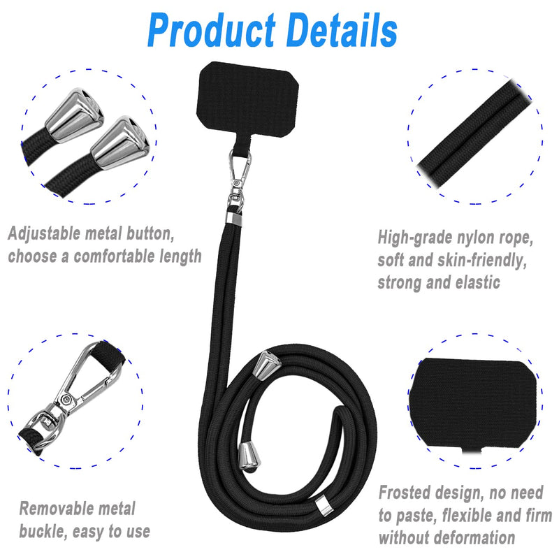 [Australia - AusPower] - 4 Pack Universal Nylon Neck Crossbody Cell Phone Lanyards + 6 Pieces Replacement Sticker Patches Tab, Adjustable Detachable Strap Safety Tether and Pads for Most Smartphone, Black/White/Grey/Blue 