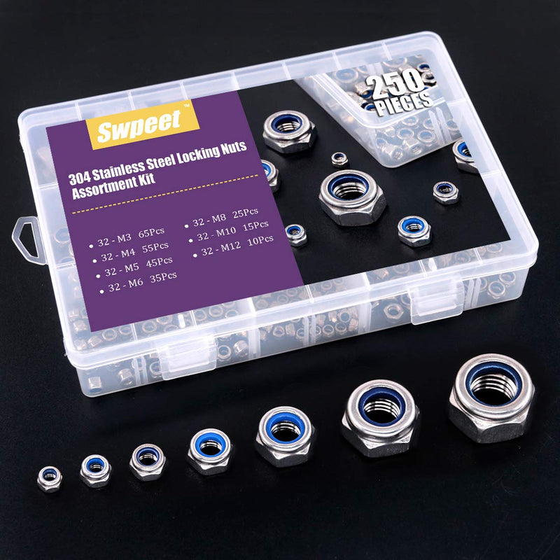 [Australia - AusPower] - Swpeet 250Pcs 304 Stainless Steel Metric Lock Nut Assortment Kit Perfect for Lock Washers, Nylon Insert Locknut M3 M4 M5 M6 M8 M10 M12 M3-M12 