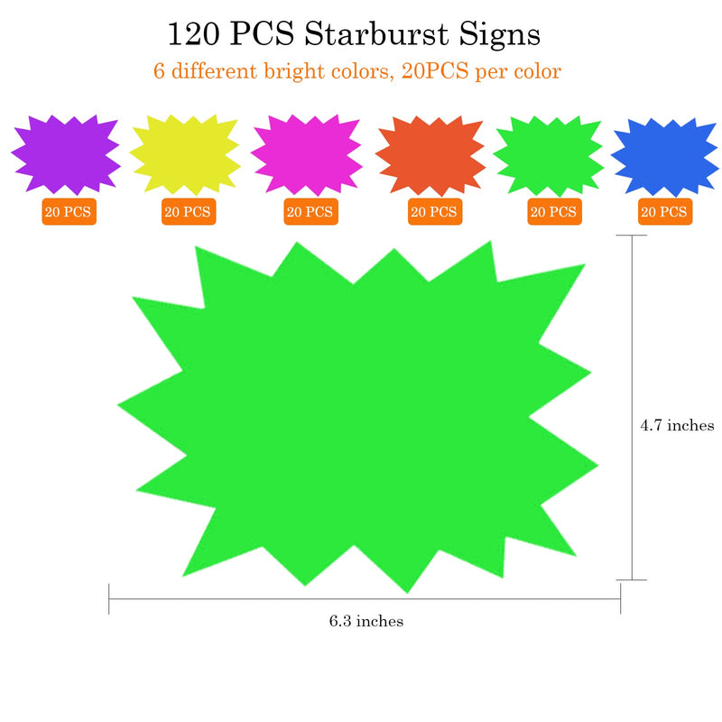 [Australia - AusPower] - 120 PCS Starburst Sign, Eye Catching Fluorescent Neon Signs Star Shape Price Tags, Great for Retail Store,Yard Sales,Garage Sales，4.7" x 6.3", 6 Bright Color 