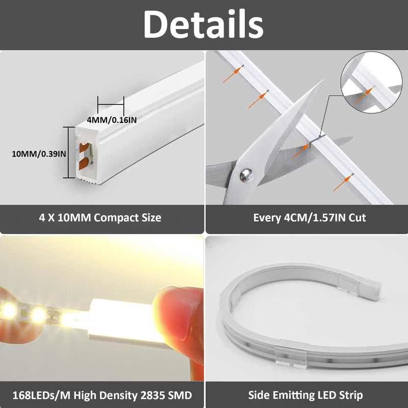[Australia - AusPower] - JOYLIT Neon Lights 16.4FT/5M 5000K Daylight White LED Strip IP67 Waterproof, 24V Dimmable Flexible 4 X 10MM Slim Side Emitting 840LEDs Neon Rope Light, 12W/M Neon Light Strip for Bedroom, Wall Decor 