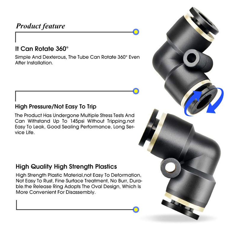 [Australia - AusPower] - TAILONZ PNEUMATIC Black Elbow 1/4 inch Tube OD Push to Connect Tube Fittings Push Lock PV-1/4 (Pack of 10) 1/4"OD 