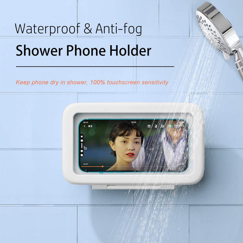 [Australia - AusPower] - Wall Mount Shower Phone Holder Waterproof, Adhesive Wall-Mounted Cellphone Case for Bathroom, Free Rotation on Ball Joint White 