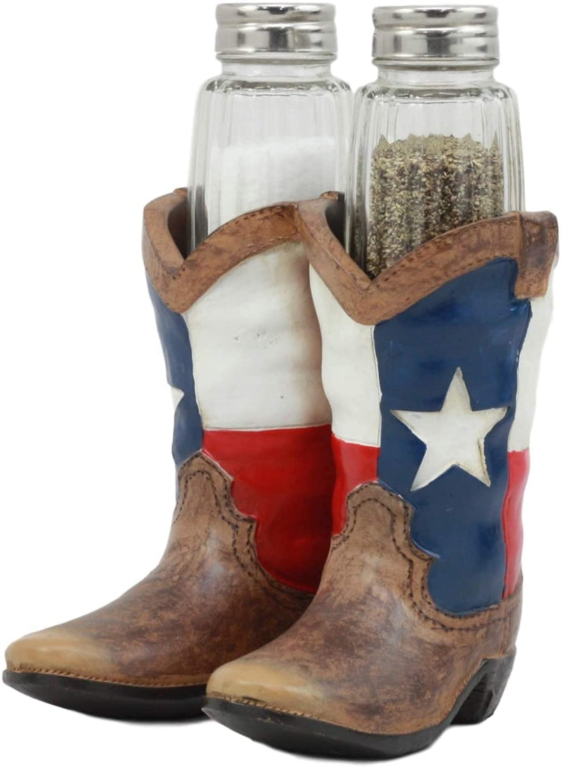 [Australia - AusPower] - Ebros Western Cowboy Or Cowgirl Texas Flag Boots Salt And Pepper Shakers Set With Decorative Resin Display Holder Figurine And Glass Shakers Kitchen Two Step Spice Decor 