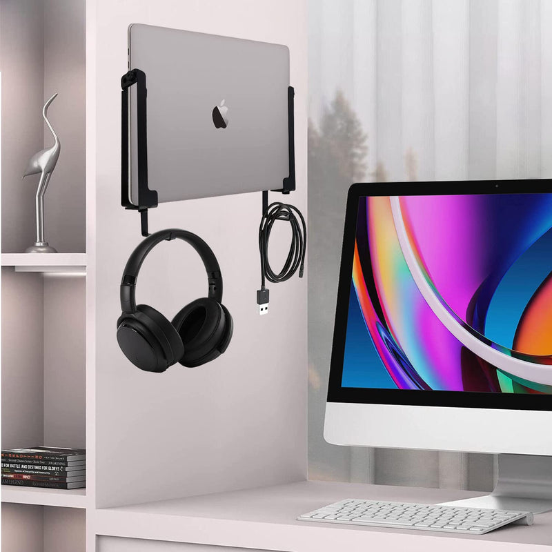 [Australia - AusPower] - IFCASE Aluminum Wall Laptop Mount Holder for MacBook Air, Pro, Surface, iPad, Tablets, Cell Phones with Headphone Hook, Anti-Scratch Pads, Adhesive & Screws (Black) Black 