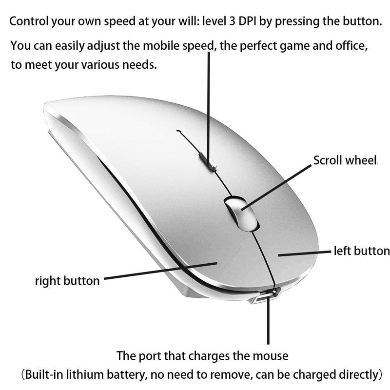 [Australia - AusPower] - Rechargeable Bluetooth Mouse for Laptop iPad Pro iPad Air MacBook Pro MacBook Air Wireless Mouse for Laptop Mac MacBook Chromebook Win8/10 silver 