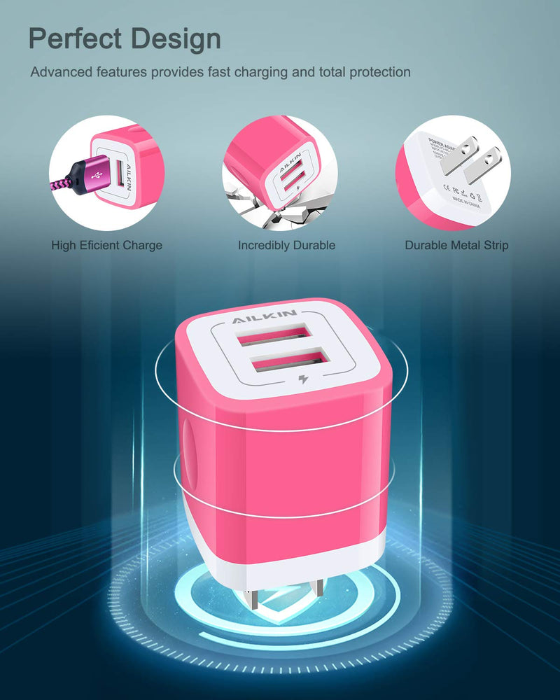 [Australia - AusPower] - [Apple MFI Certified] iPhone Charger for 12/12 Mini/12 Pro/12 Pro Max/SE/11/11 Pro/11Pro Max/XS/XR/8/7/6s, iPad, iPod, AILKIN Fast Charging Braided Cable with USB Wall Charger, Dual USB Block 6ft Cord pink 