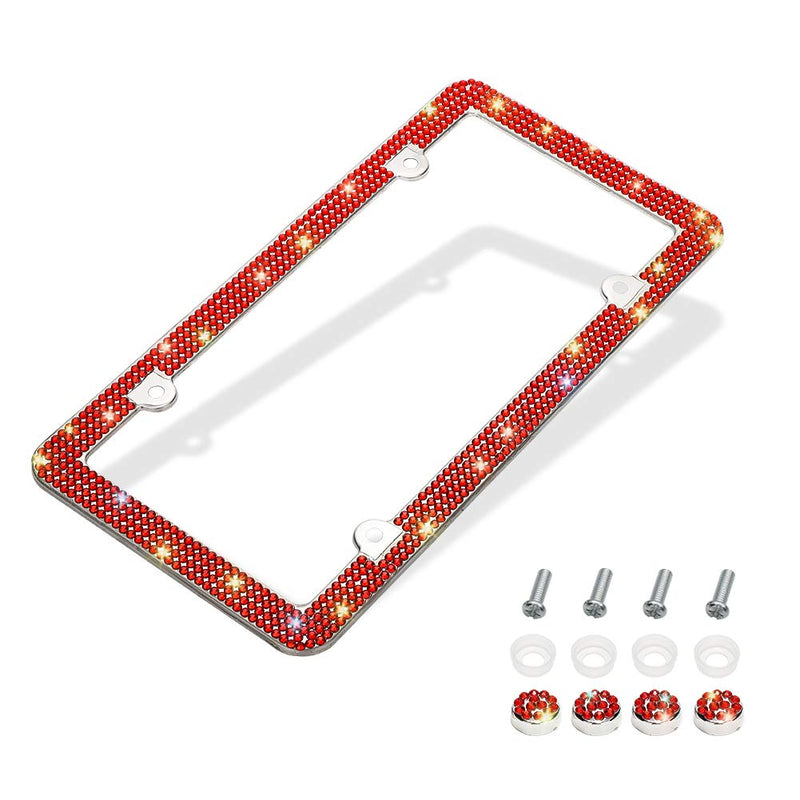 [Australia - AusPower] - Otostar Bling License Plate Frame, Handcrafted 4 Rows Shiny Rhinestones Stainless Steel 4 Holes License Plate Frame with Anti-Theft Screws Caps Set (Red, 1 Pack) Red 