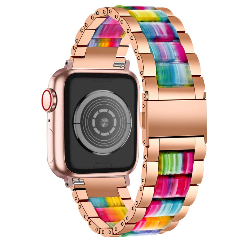 [Australia - AusPower] - Juntan Stainless Steel Resin Watch Band Compatible with Apple 38mm 40mm 42mm 44mm Smart Watch Strap Women Men Lightweight Band Compatible for iWatch 6 5 4 3 2 1 (Rose Gold+Rainbow, 42mm/44mm) Rose Gold+Rainbow 