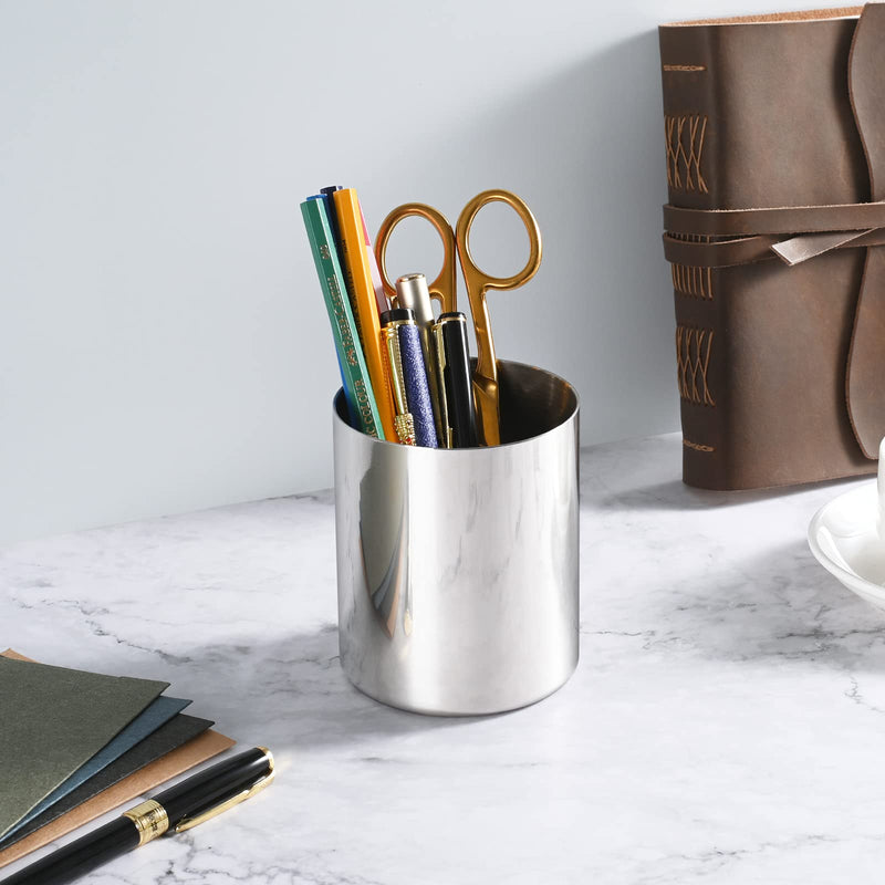 [Australia - AusPower] - Silver Pencil Holder for Desk,304 Stainless Steel Desktop Pen Holder,Pencil Holder,Pencil Cup,Pencil Pot, Makeup Brush Holder,Stationery Organizer Silver 