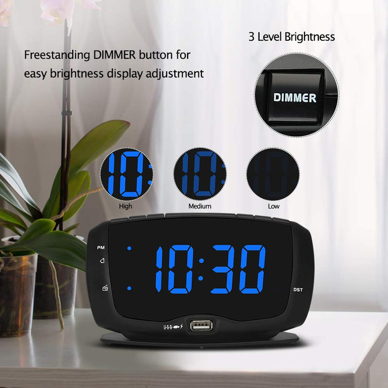 [Australia - AusPower] - DreamSky Radio Alarm Clock with Dual USB Charging Ports for Bedroom, 1.4 Inches Blue Digits with Adjustable Dimmer, DST, Digital FM Radio Clock with Snooze 12/24H Black and Blue 