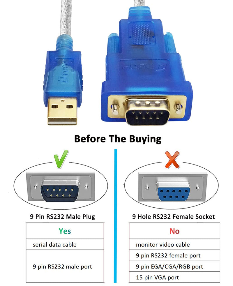 [Australia - AusPower] - DTECH FTDI USB to Serial Adapter Cable RS232 DB9 Male Port FT232RL Chipset Supports Windows 11 10 8 7 and Mac Linux (1.5 Feet) 1.5ft 