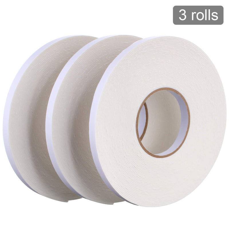 [Australia - AusPower] - 3 Rolls Double Sided Foam Tape PE Roll Foam Tape Double Faced Sponge Adhesive Mounting Tape (White, 1/2 Inch by 50 Feet) White 