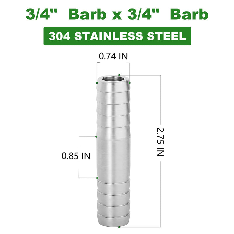 [Australia - AusPower] - TAISHER 2PCS 304 Stainless Steel Hose Barb Fittings 3/4 Inch to 3/4 Inch Barb Hose, Hose Barb Reducer Splicer Mender Union Air Water Fuel with 4PCS Hose Clamp 3/4" Barb x 3/4" Barb 2 