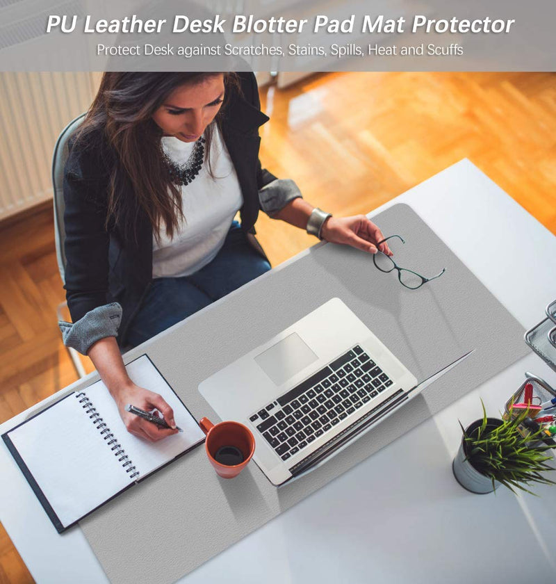 [Australia - AusPower] - Office Desk Pad Protector Mouse Pad 17 X 34 Inch Desk Blotter Pad on Top of Writing Desks Waterproof PU Leather Desk Mat Desktop Accessory Organizer for Computer Laptop Keyboard Dual-Sided Gray/White 17X34 Inch Gray + White 