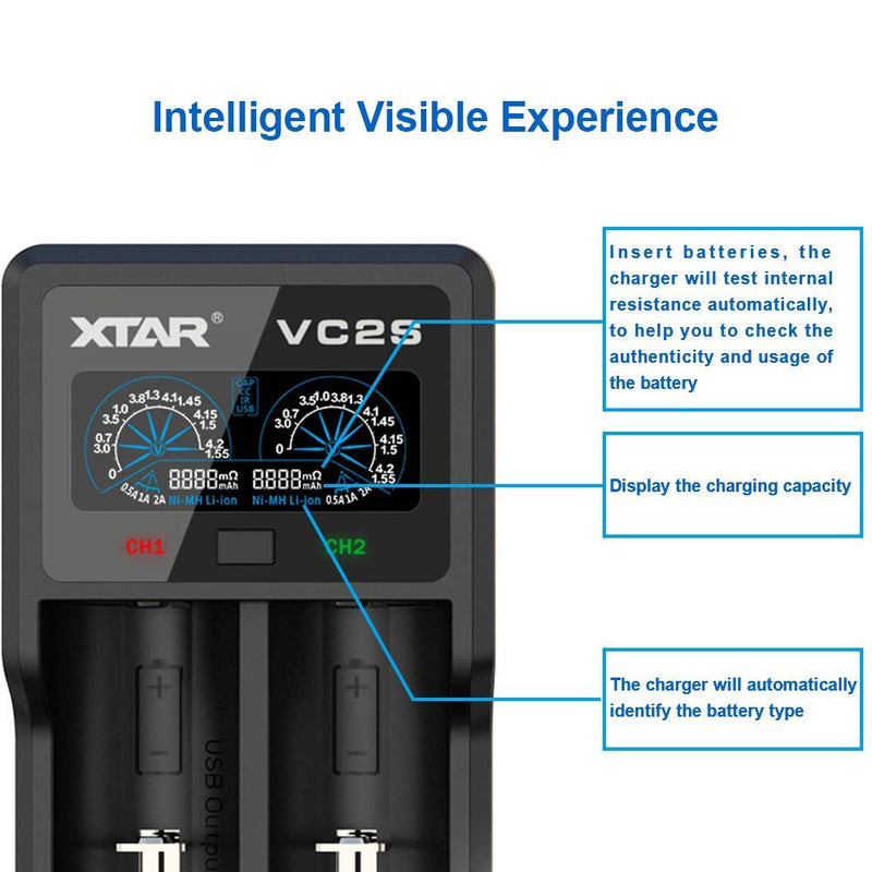 [Australia - AusPower] - XTAR VC2S 5V 2.1A 18650 Battery Charger Upgraded LCD Display with USB Output Function and Check The Batteries’ Authenticity for 10440 18350 18500 18650 18700 20700 26650 AAAA AAA AA SC C (VC2S) 