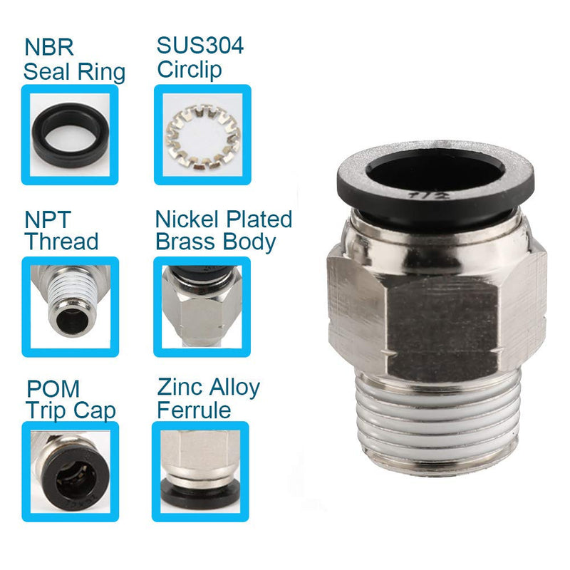 [Australia - AusPower] - Jienk 5PCS Pneumatic Male Straight 1/2" Tube OD x 3/8" NPT Thread Push to Connect Air Fittings, Quick Connector for Air Ride Air Horn Air Compressor 1/2"OD x 3/8"NPT 5 