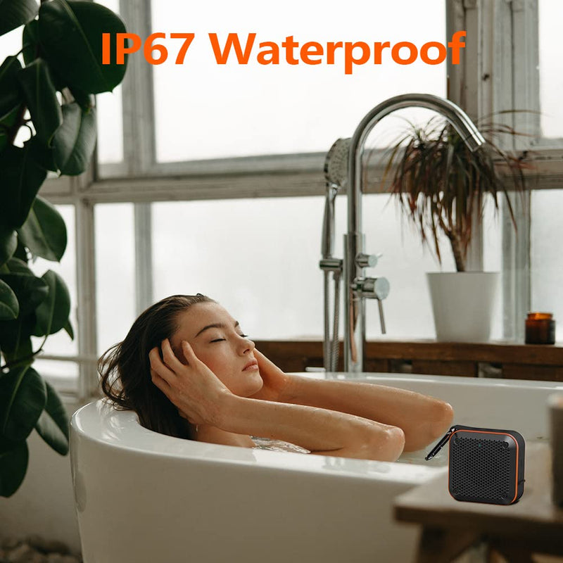 [Australia - AusPower] - Mini Bluetooth Speaker, Small Portable Wireless Speaker with FM Radio, IPX7 Waterproof,TWS Stereo Pairing, Rich Bass, Clip on, 12H Playtime, Support TF Card+Aux Input for Bathroom Shower Beach Travel FM-525Orange 