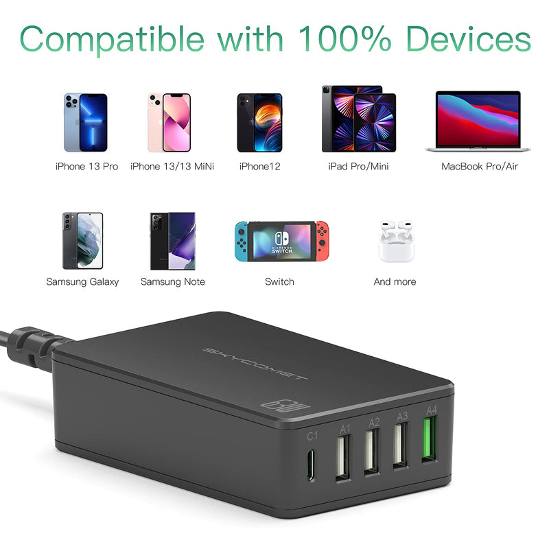 [Australia - AusPower] - USB Charging Station, SKYCOMET 63W PD3.0 & QC3.0 Fast Desktop USB C Charger Station with 5-Port Multi USB Charger Wall Charger Compatible with iPhone 13 Pro Max/12 Mini/MacBook Pro/iPad/AirPods/Galaxy 