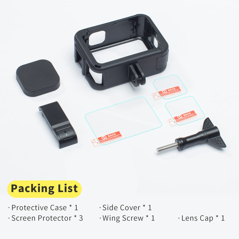 [Australia - AusPower] - SEASKY 4 in 1 Accessories Kit for Gopro Hero 10/9 Black Extended Protective Case Cage Shell Housing+3Pcs Tempered Glass Screen Protector+Directly Chargeable Side Cover+Lens Cover Cap 