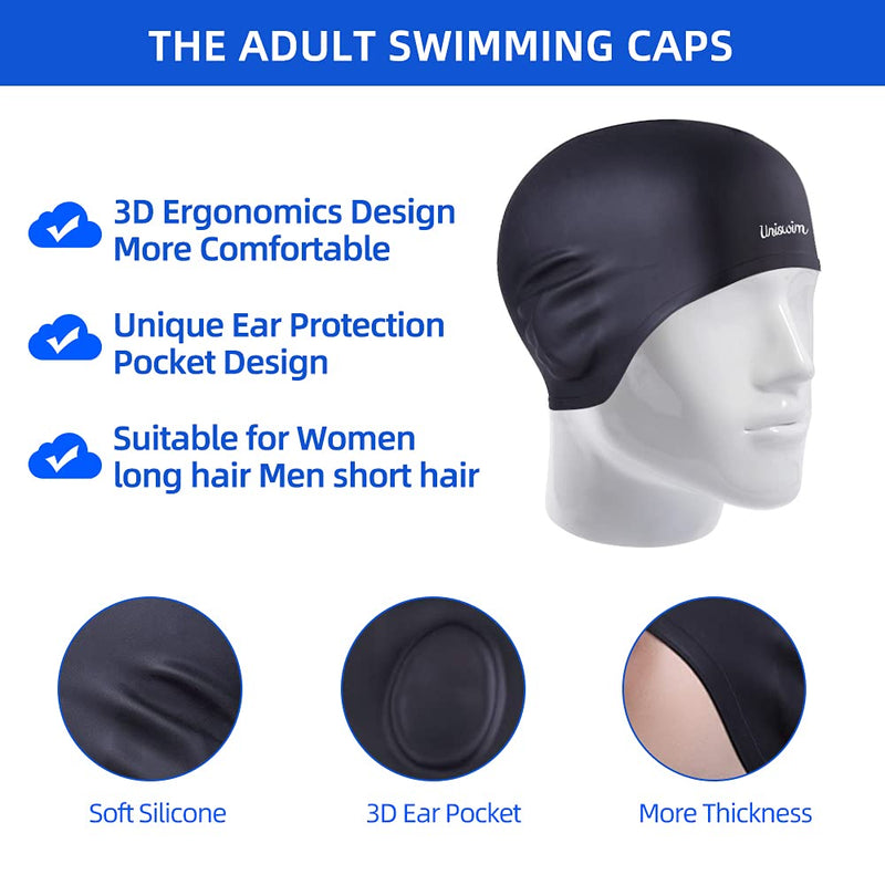 [Australia - AusPower] - Uniswim Swimming Goggles Swimming Cap Set Swim Glasses Silicone Swim hat Pack for Adults with Anti Fog Glasses for Swimming Black 