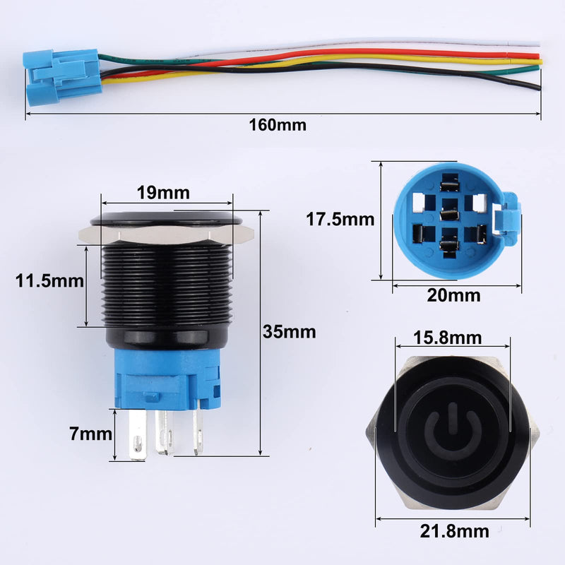 [Australia - AusPower] - DMWD 2PCS 19MM Latching Push Button Switch 12V-24V Power Symbol Light,Self Locking 1NO 1NC Waterproof ON/Off Black Metal Shell Button with Wire Socket Plug for 3/4’’ Mounting Hole(IP66,Green Light) Power Symbol Green 