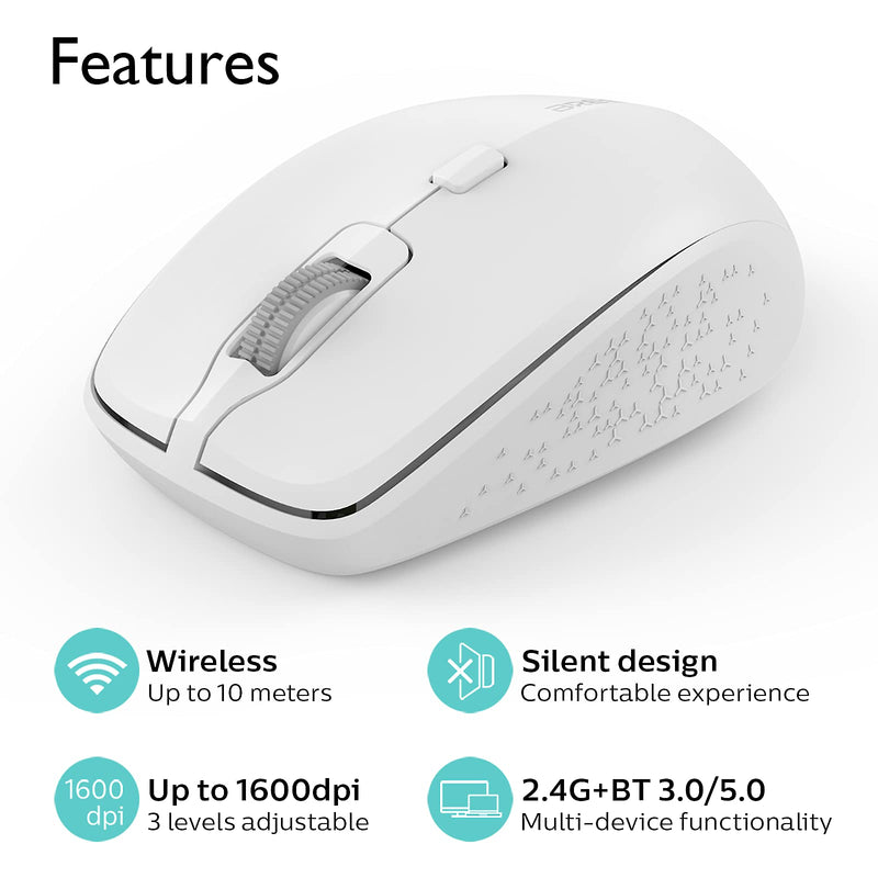 [Australia - AusPower] - Wireless Mouse Dual Mode Bluetooth Mouse Wireless 2.4G Computer Mouse Optical Silent Mouse USB Receiver in The Mouse 3 Adjustable DPI Mice for MacBook Laptop Notebook PC Tablet (White) White 