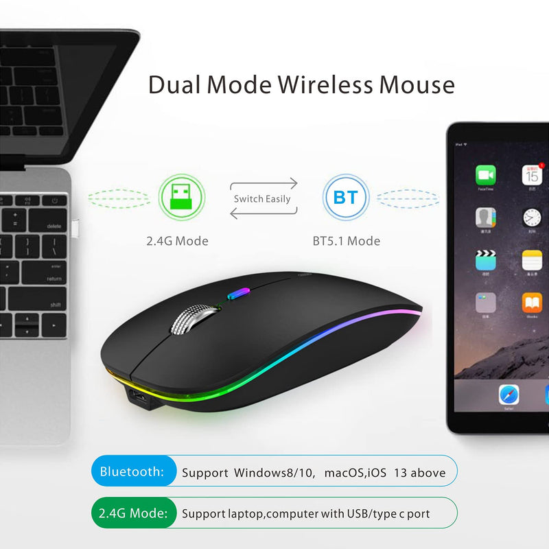 [Australia - AusPower] - TENMOS Wireless Bluetooth Mouse, LED Slim Dual Mode (Bluetooth 5.1 + USB) 2.4GHz Rechargeable Silent Bluetooth Wireless Mouse with Type C Adapter for Laptop/MacBook/iPad OS 13 and Above (Matte Black) Matte Black 