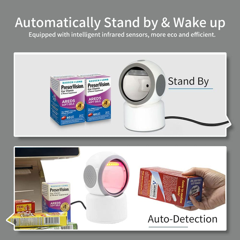 [Australia - AusPower] - Alacrity 2D 1D QR Desktop Barcode Scanner, Omnidirectional Hands Free USB Wired Barcode Reader, Capture Codes on Screen, 3300DW, White 