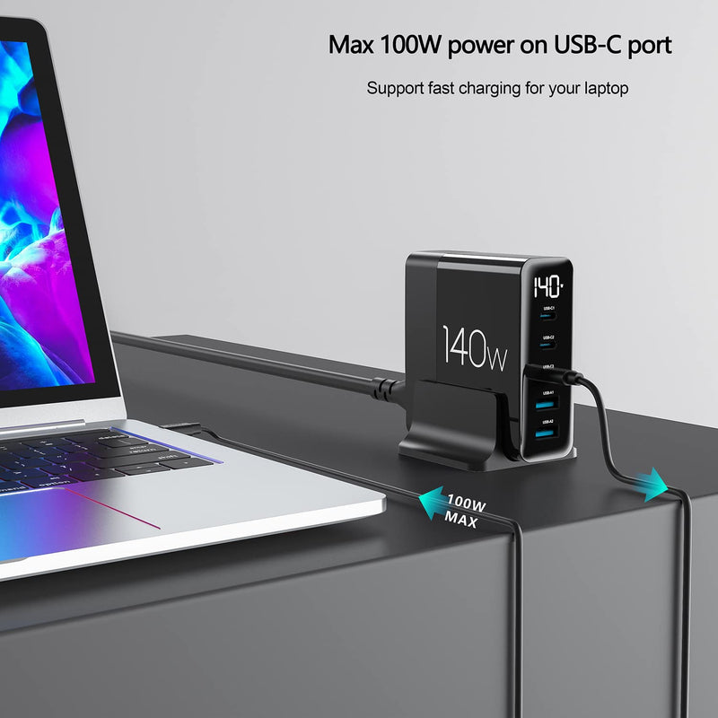 [Australia - AusPower] - 140W USB C Charger, URVNS LED Display 5-Ports PD 100W PPS 45W QC60W Fast Charging GaN Adapter for MacBook Pro/Air, iPad Pro, iPhone 14/13 Series, Galaxy S22/S21, Note 20/10+, Pixel and More 