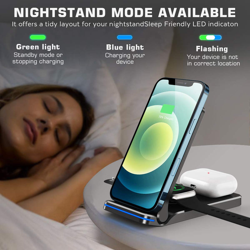 [Australia - AusPower] - FEIKU Portable Wireless Charger, Foldable 3 in 1 15W Fast Charging Station, Compatible for iphone13/13pro/ 12 Mini/12/12 Pro/12 Pro Max/11/X/XS and iWatch 6 5 4 3 2 1 Airpods 3 2 1（with QC3.0 Adapter Black 