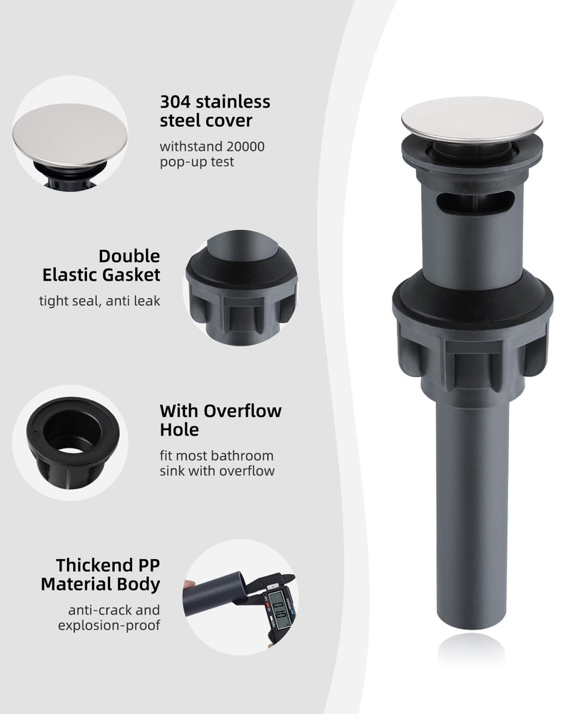 [Australia - AusPower] - Hygie Rinse 2Pack Pop Up Sink Drain with Overflow, Bathroom Sink Stopper for Vessel Sink, Push and Seal Vessel Sink Drainer Stopper, Anti-Clogging Strainer, Brushed Nickel Brushed Nickel Finish 2 