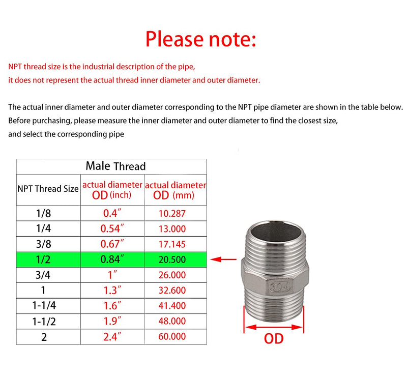 [Australia - AusPower] - Stainless Steel Nipple Pipe Fittings, NPT Threaded Pipe Fitting 1/2" Male x 1/2" Male (Pack of 2) 0.5 Inch 