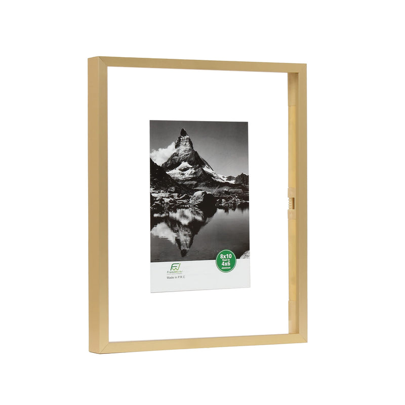 [Australia - AusPower] - FrameWorks - Deluxe Brass Gold Aluminum Contemporary Style Floating Picture Frame with Tempered Glass, 8 inch x10 inch float to 4 inch x6 inch 8"x10" float to 4"x6" 