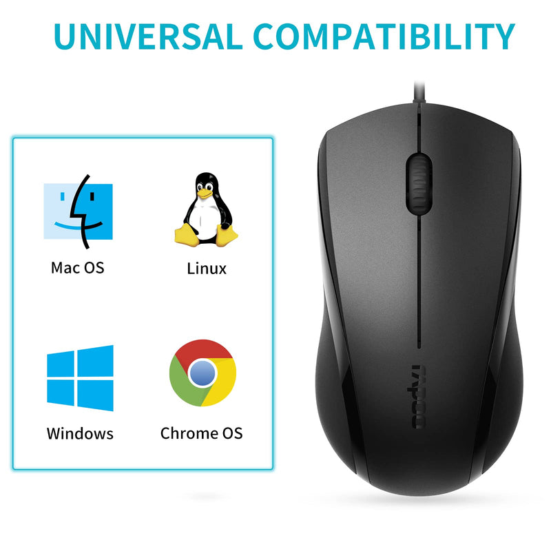 [Australia - AusPower] - RAPOO Silent Wired Mouse, 1000 DPI 5ft Cord Quiet Button Optical Computer Mouse, Left Right Hand Use, for Laptop Chromebook Mac Notebook, Matte Black 