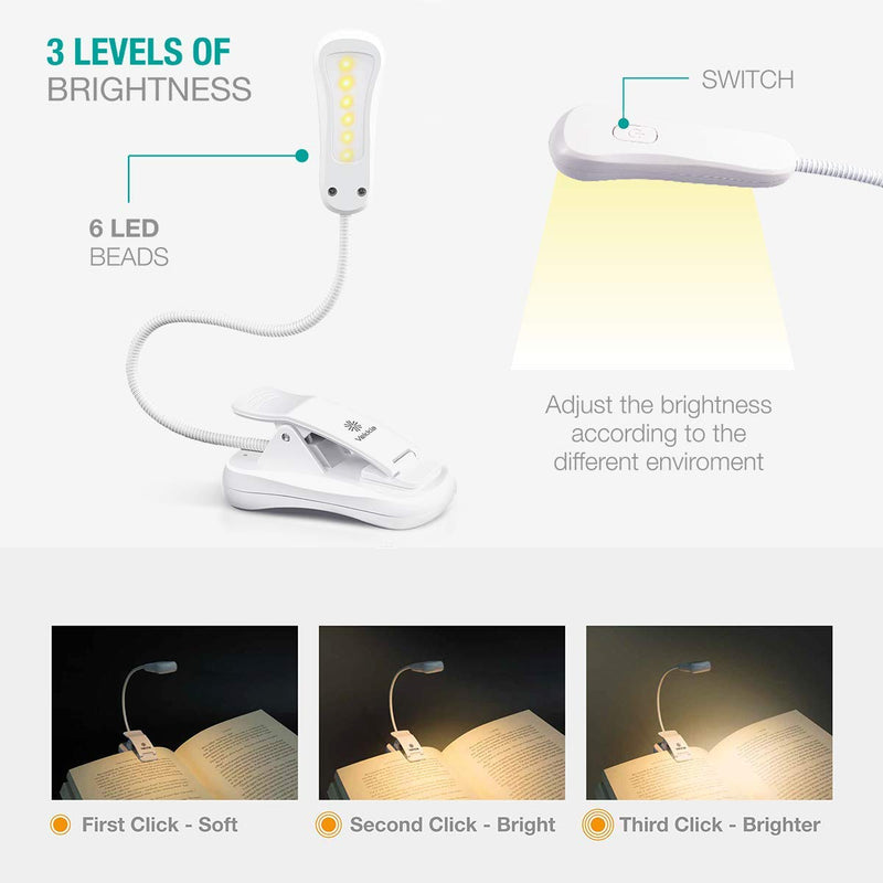 [Australia - AusPower] - Vekkia 3000K Warm LED Rechargeable Book Light, Easy for Eyes, Clip on Reading Lights for Reading in Bed, Car & Travel, Lightweight Slim 2.1 oz. Perfect for Readers & Kids (Elegant White) 
