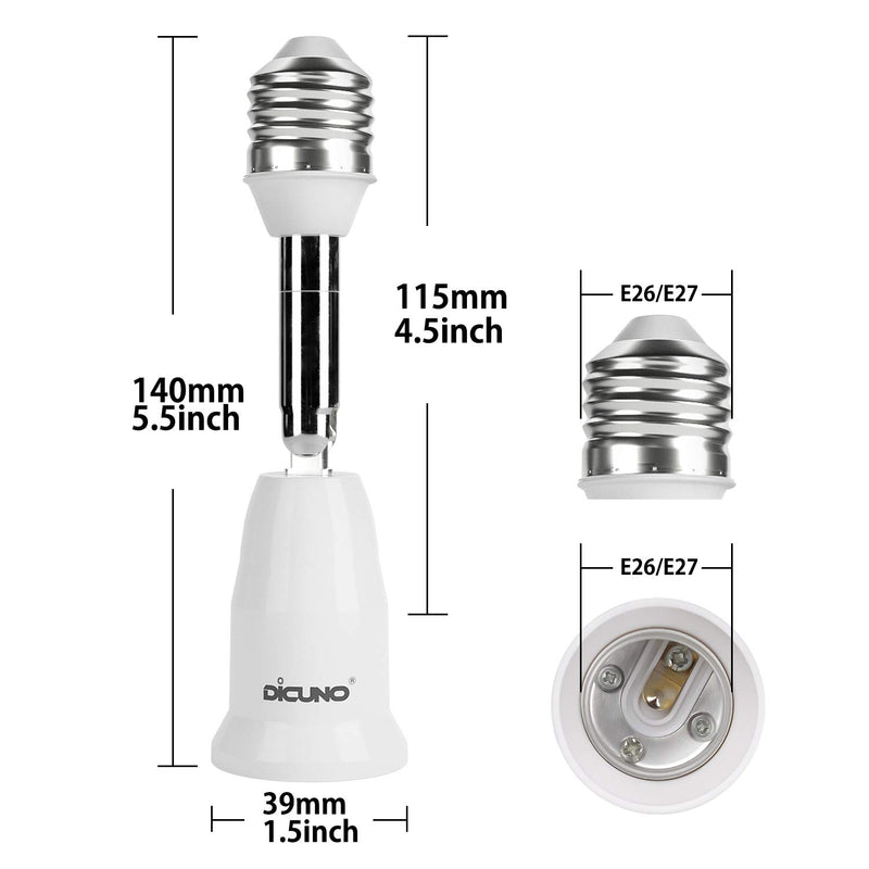 [Australia - AusPower] - DiCUNO E26 4.5 Inch/11.5CM Extension Socket Extender Adapter, E26 to E26 Adjustable Extension, Flexible Medium Light Bulb Socket Converter, 180 Degree Bendable (2-Pack) 2 