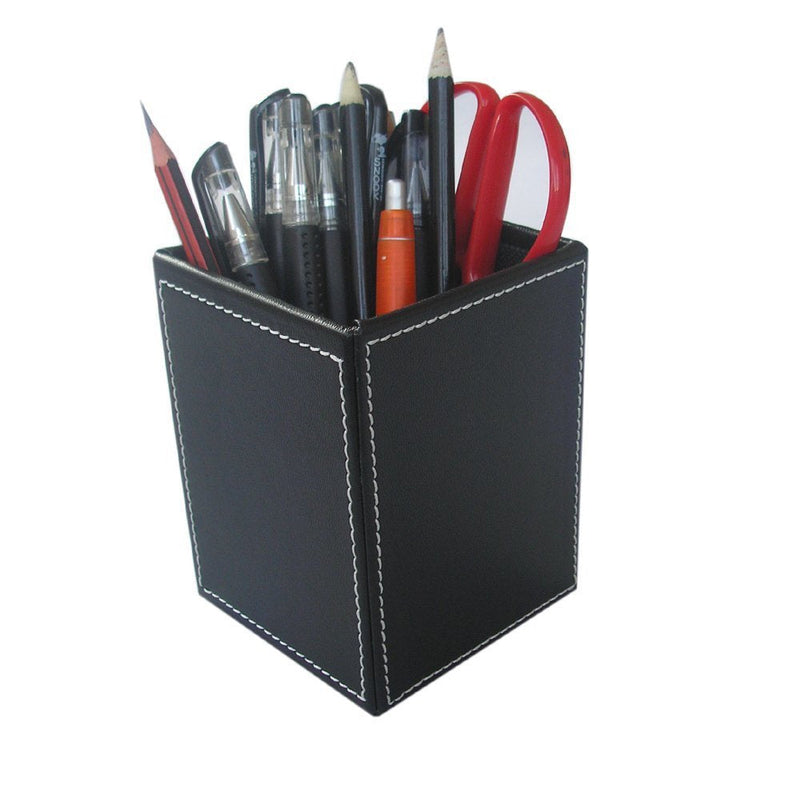 [Australia - AusPower] - KINGFOM PU Leather Square Pens Pencils Holder Cup Desktop Stationery Organizer Case Office Accessories Container Box (Black) 
