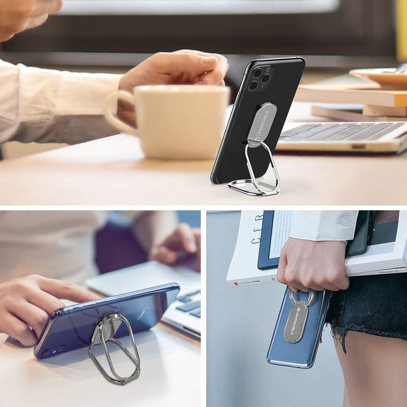 [Australia - AusPower] - Foldable Cell Phone Stand for Desk, Adjustable Cellphone Ring Holder Finger Kickstand for Office Desktop & Magnetic Car Mount, Rotatable Multi-Angle Hand Grip for iPhone 13 and Smartphones Back Case Silver 