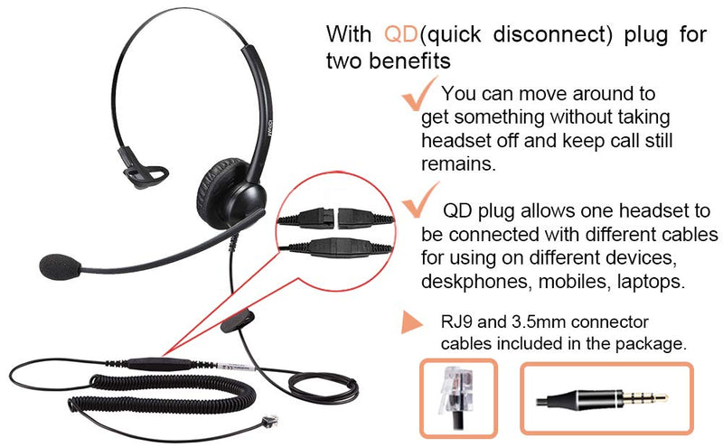 [Australia - AusPower] - Telephone Headset with RJ9 Jack for Cisco Phone, Including 3.5mm Connector for Cell Phone PC Laptop, Office Headset with Microphone Noise Cancelling for Call Center Landline Deskphone M510SC Monaural 