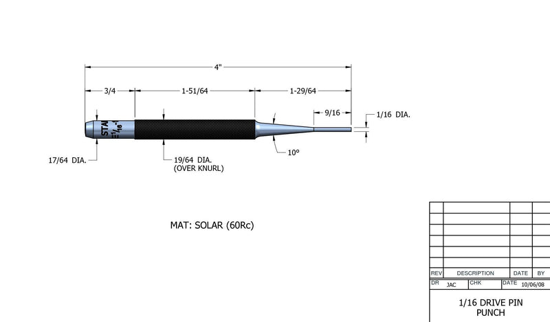 [Australia - AusPower] - Starrett 565A 4" Overall Length, 9/16" Pin Length, 1/16" Pin Diameter, Drive Pin Punch 1.5mm (1/16in) 